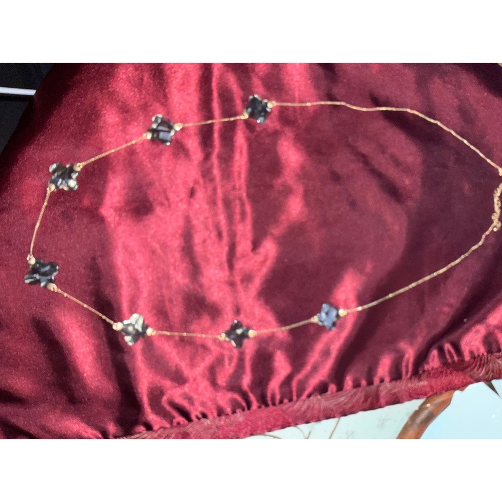 Grey Marbled Resin Clover Station Necklace Gold Tone Long Quatrefoil Chain 36in